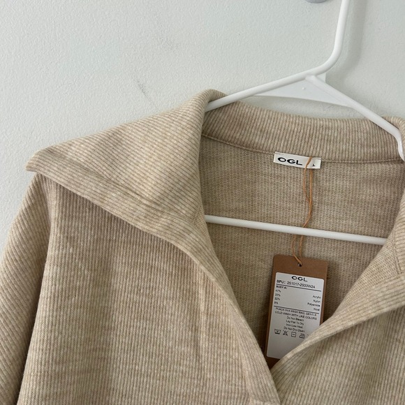 OGL Tan Ribbed Collared V-Neck Batwing Sleeve Pullover Top L Large New - Picture 3 of 7